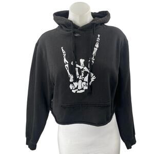 The Drive Clothing Black Skull Long Sleeve Crop Hooded Hoodie Sweatshirt Top S